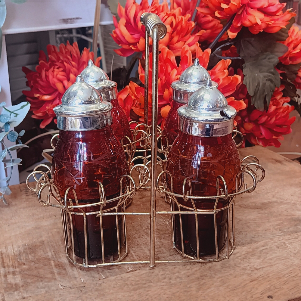 Vintage Cranberry Glass Cruet Set with Silver Tops - Picture 2 of 7